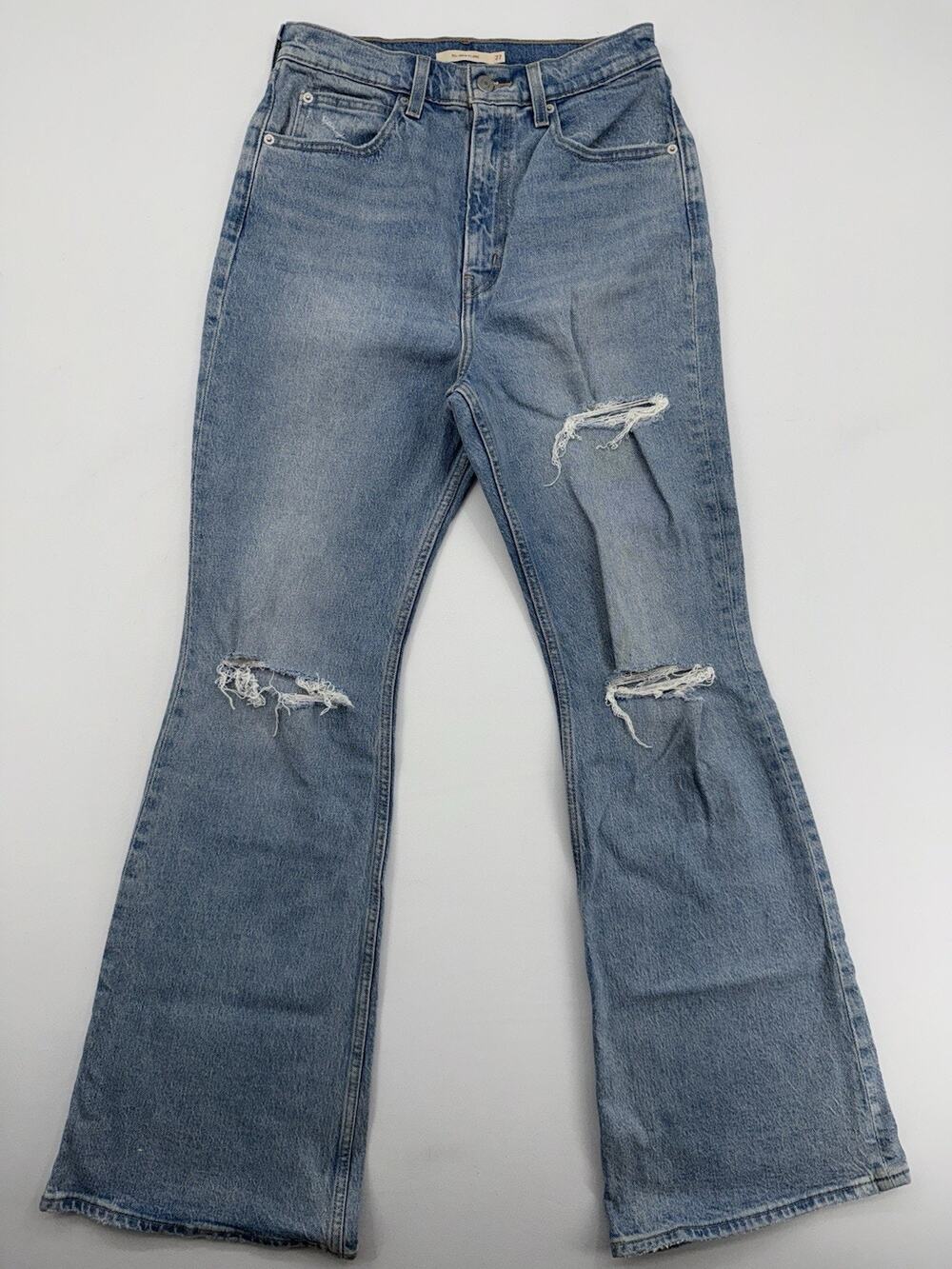 Levis Womens 70s High Flare Jeans Blue Distressed High Rise Stretch‎ Denim 27x32
